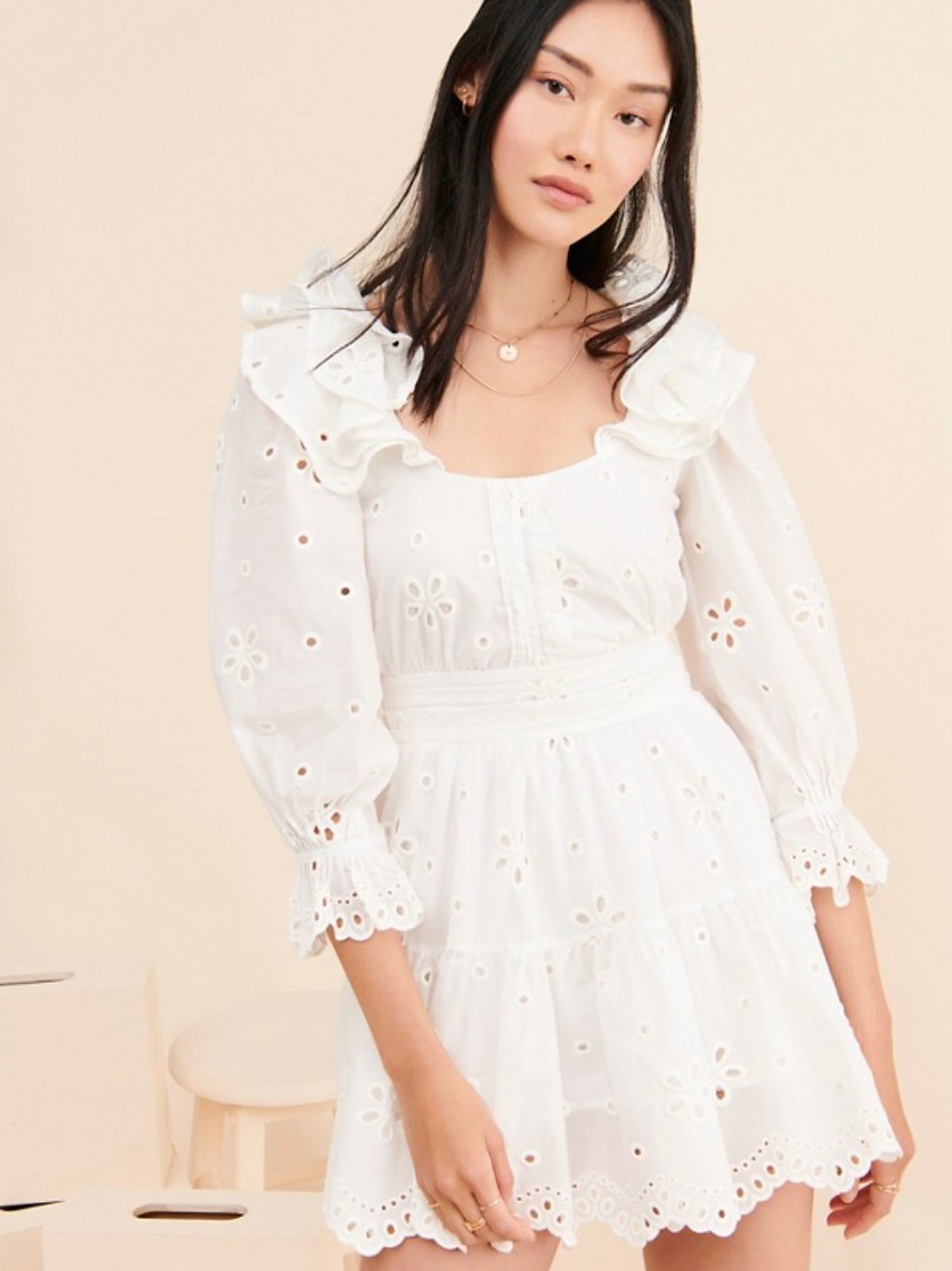 For Love & Lemons Serena Embroidered White Mini Dress Cotton Small